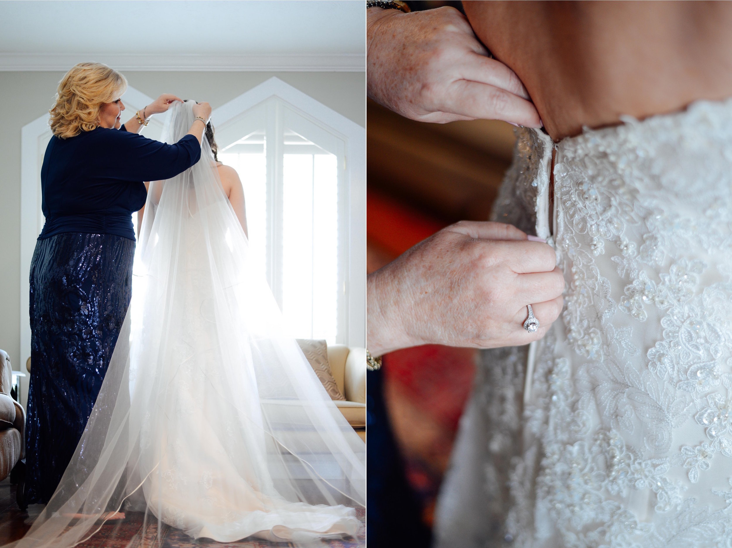 mom buttoning up daughter's wedding dress