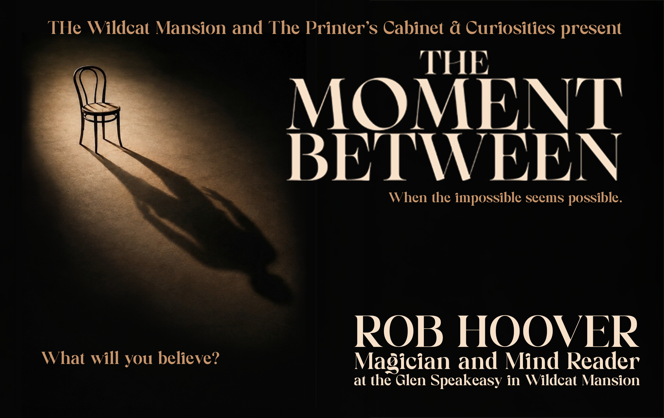 Poster for The Moment Between, featuring an empty chair illuminated by a spotlight.