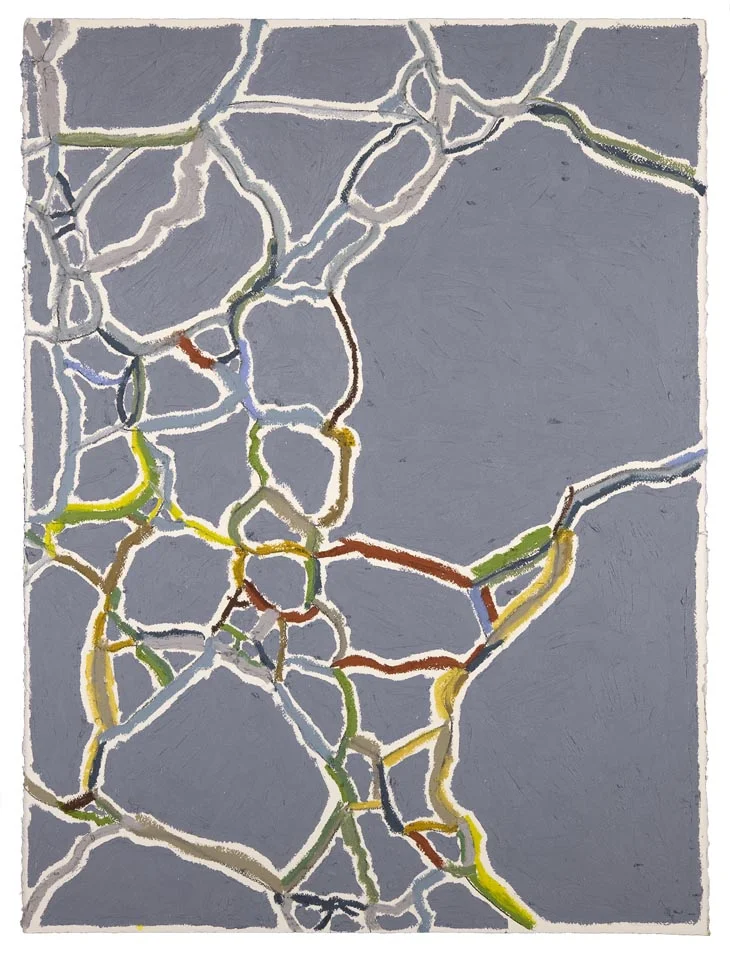 Blue-Gray, Gold, Green Duval Street, Austin (Sidewalks Series) oil, charcoal, pastel on paper 30” x 22”