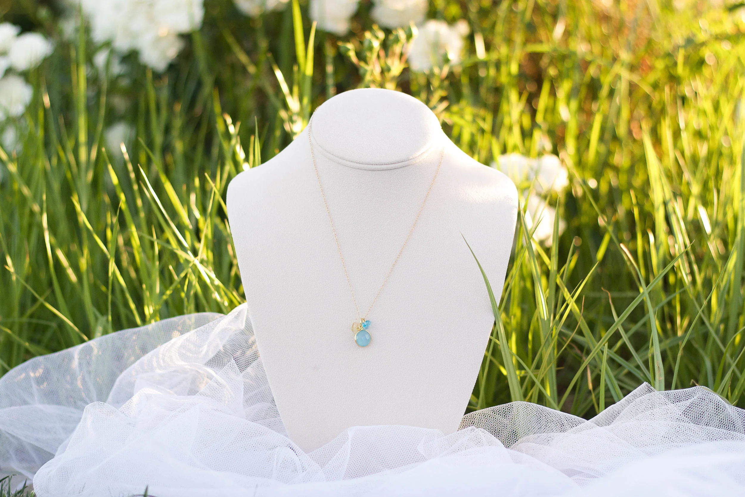 Gold Necklace and Edged Cross (on back) with Turquoise Quartz Charms