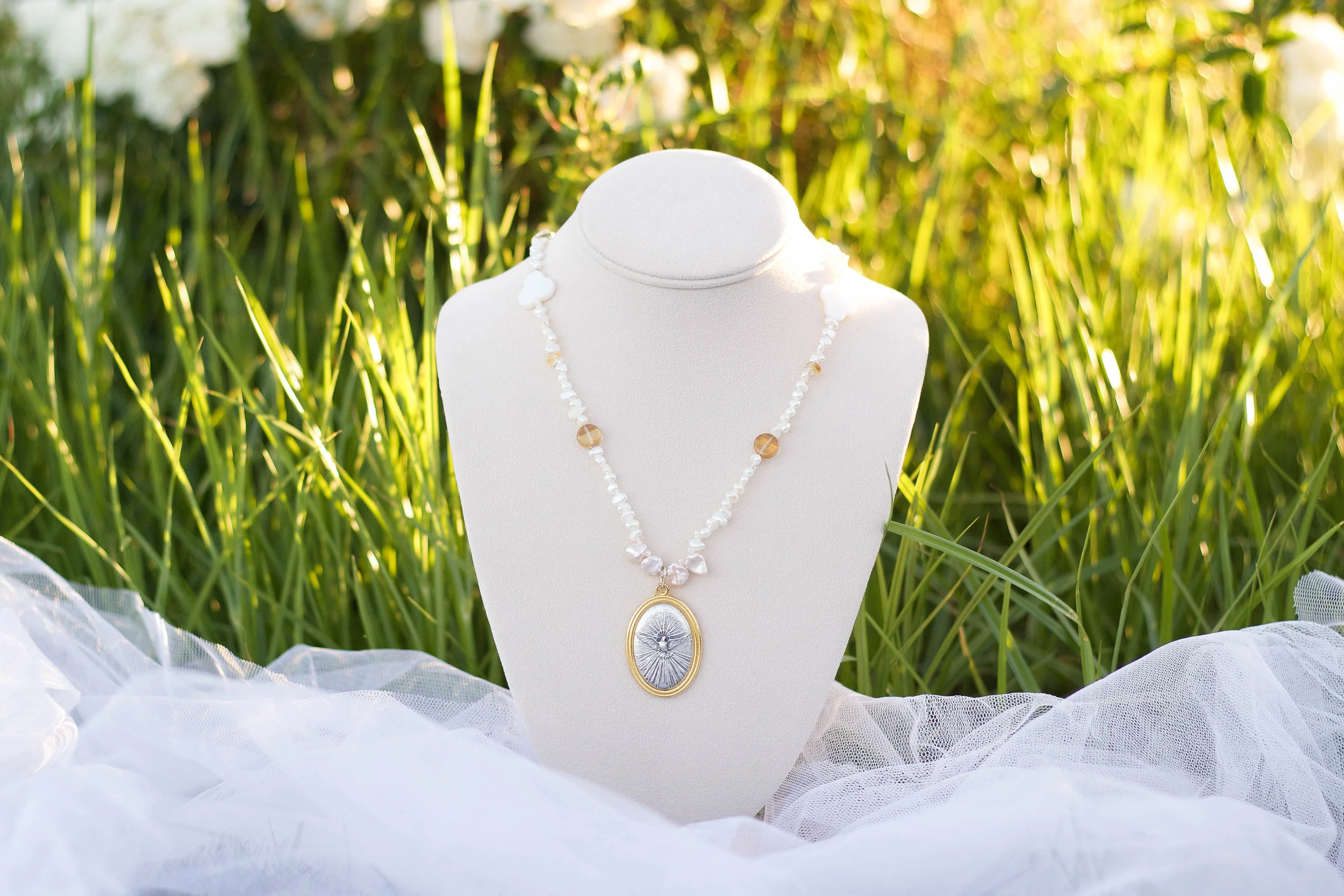 Genuine White Fresh Water Pearl and Citrine Holy Spirit Long Necklace