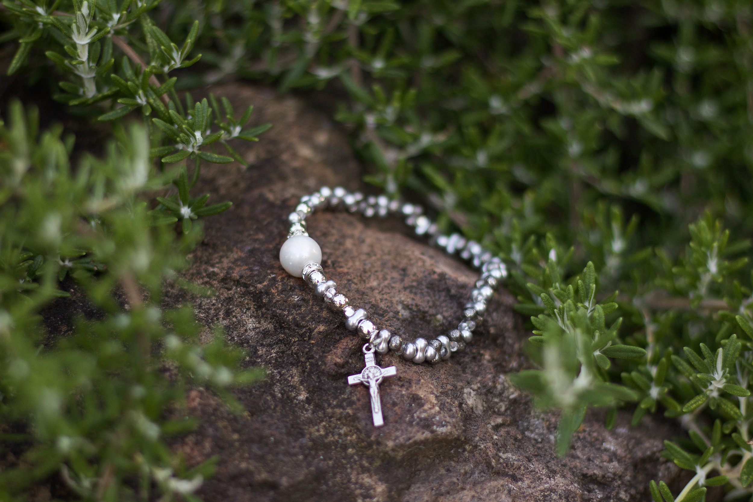 Silver Crystal Rope™ & Genuine White FWP St. Benedict Crucifix Layer Bracelet