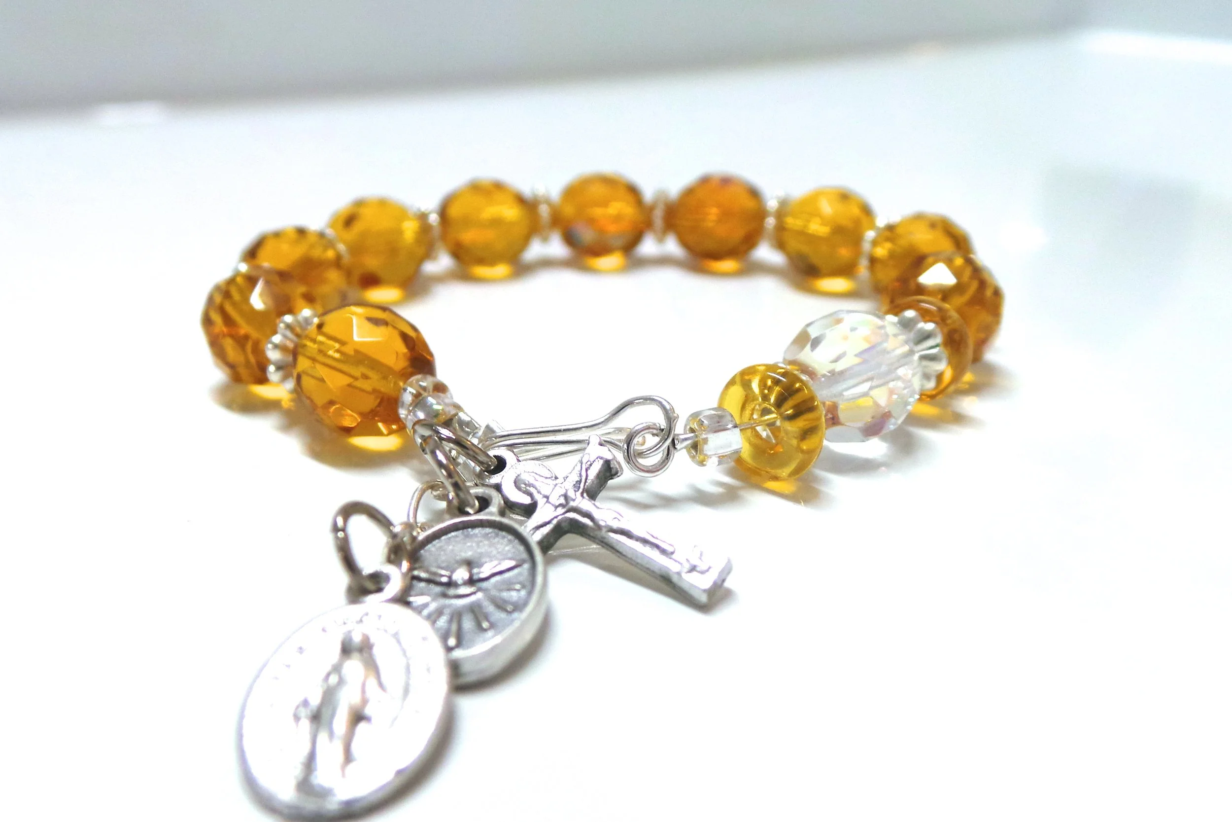 Holy Spirit "Honey" Yellow Crystal .925SS Rosary Bracelet