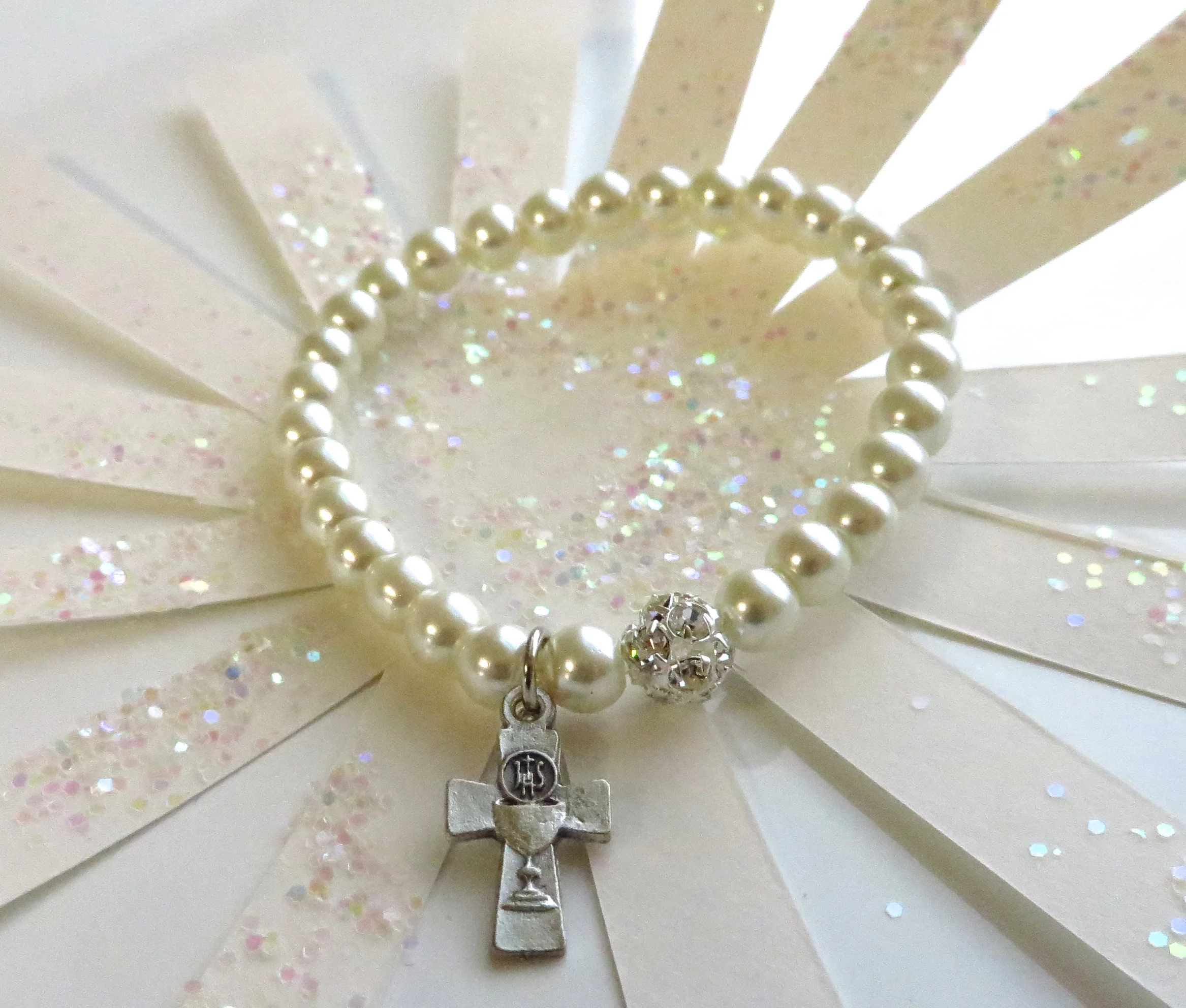 Ivory Glass Pearl & Rhinestone, Chalice Cross First Communion Bracelet 