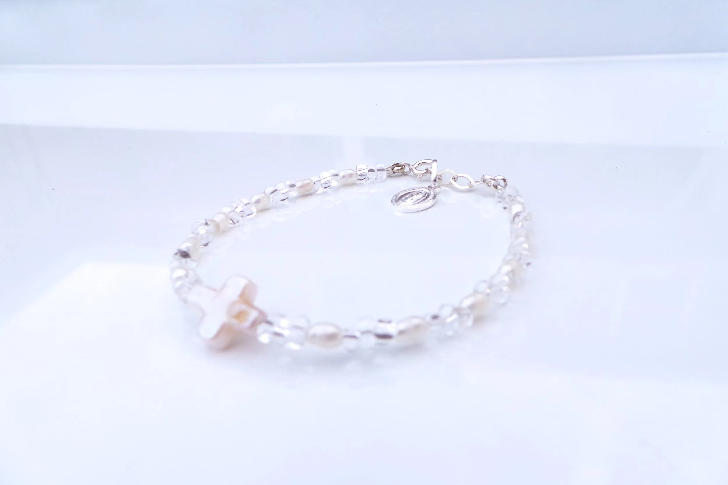 Genuine White Fresh Water Pearl &amp; Sterling Silver Miraculous Medal First Communion Bracelet&nbsp;