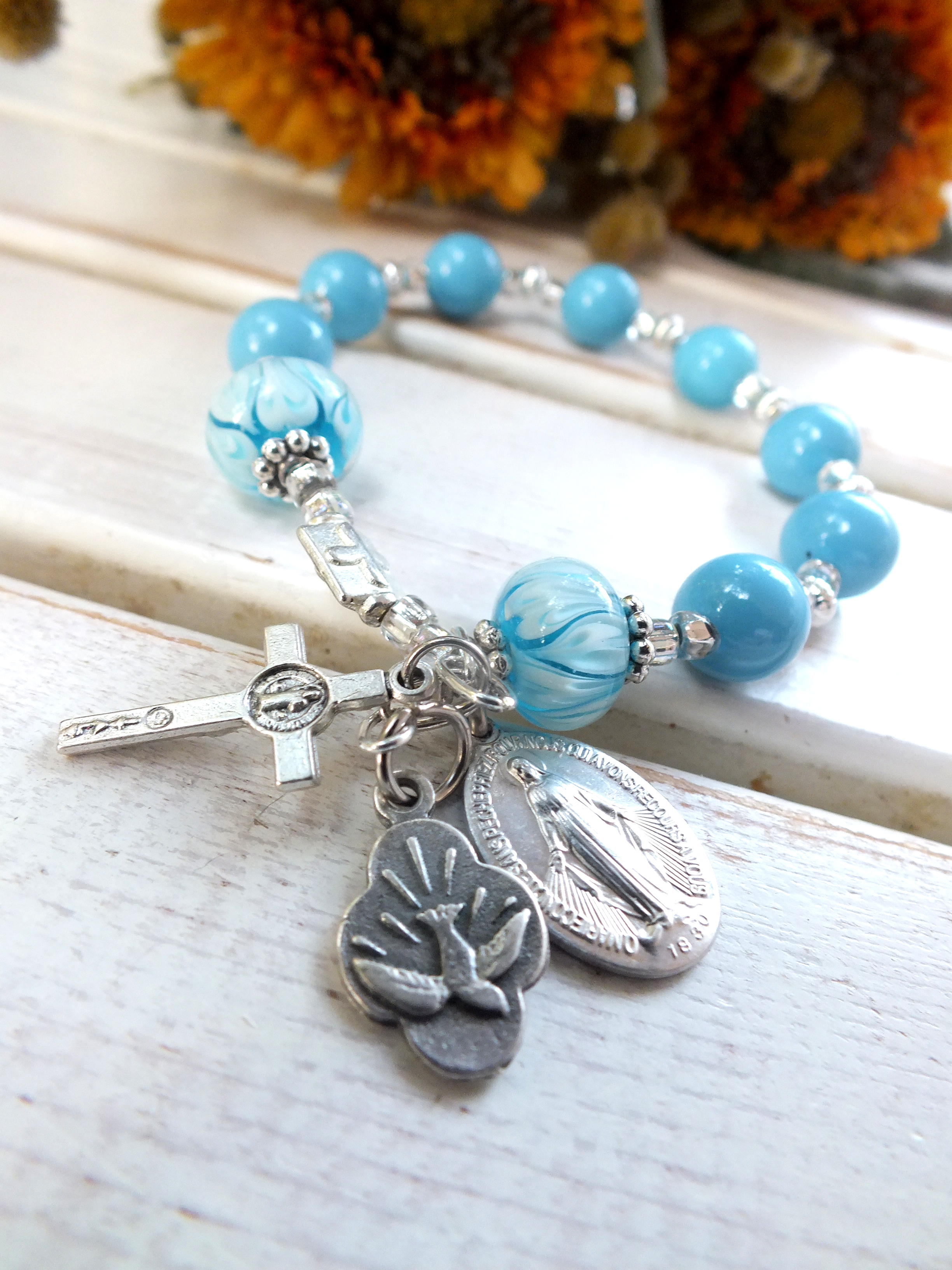 Turquoise Miraculous Medal Rosary Bracelet — Three Friends' Signature