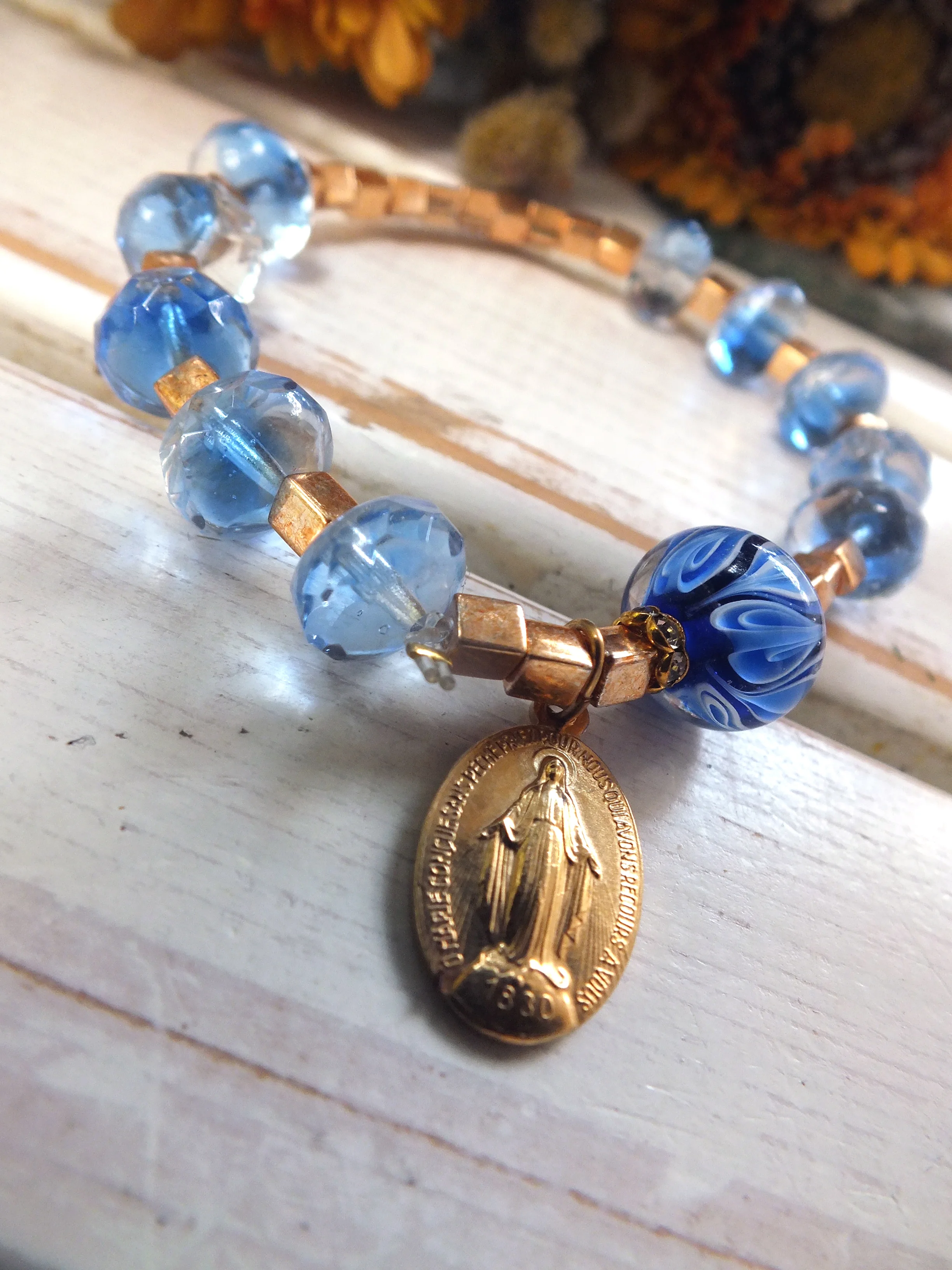  Miraculous Medal Blue and Gold Rosary Bracelet
