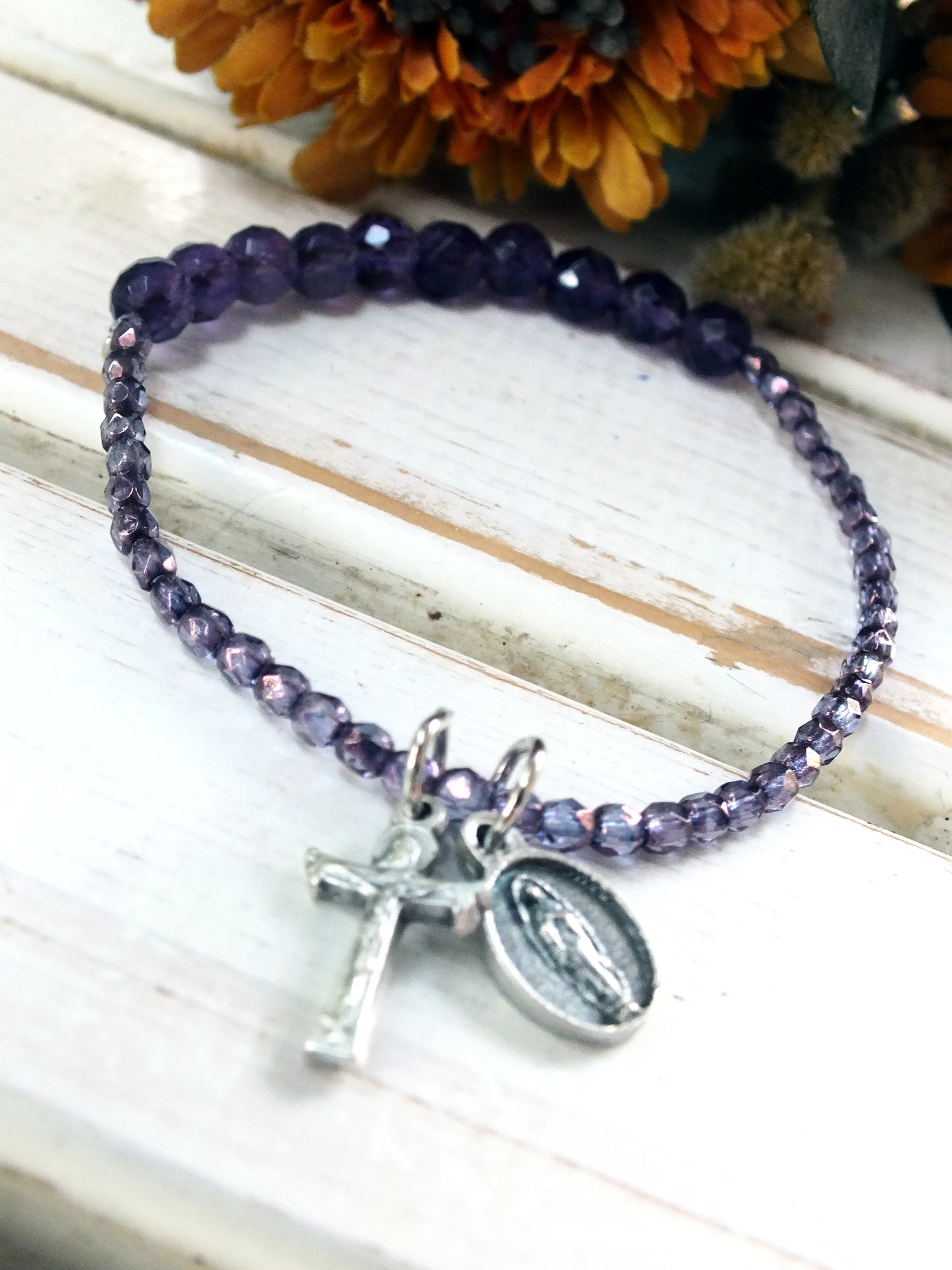 Our Lady of Guadalupe Genuine Amethyst and Crystal Rosary Bracelet
