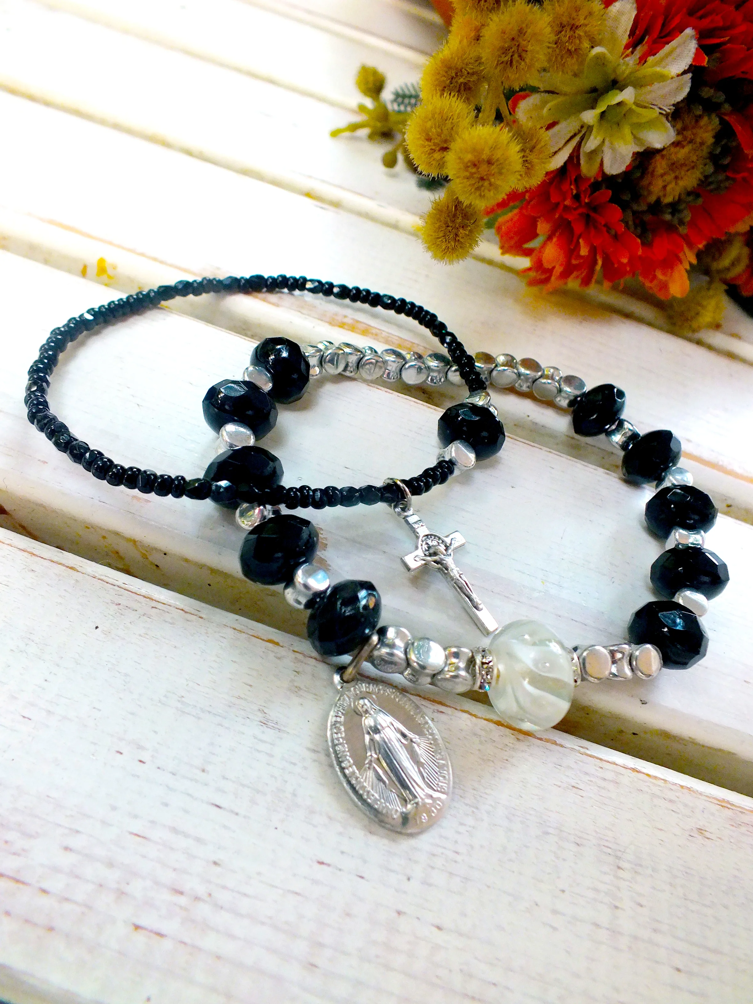 Miraculous Medal Black and Silver Layer Rosary Bracelet