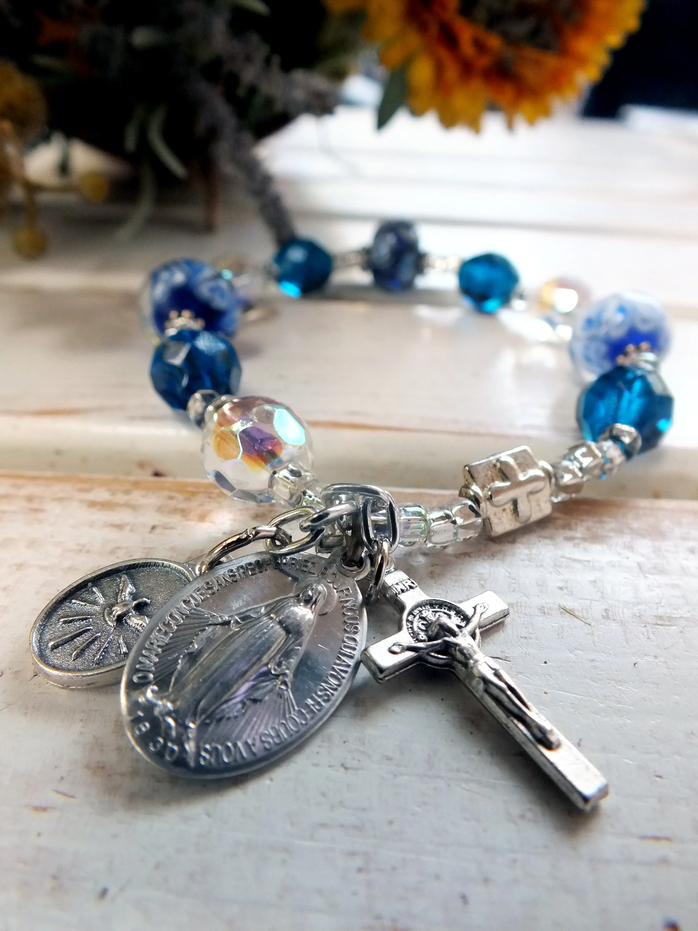 Miraculous Medal Blue and Clear Rosary Bracelet