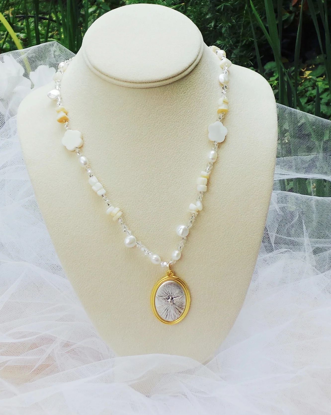 Genuine White Fresh Water Pearl and Mother of Pearl Holy Spirit Necklace