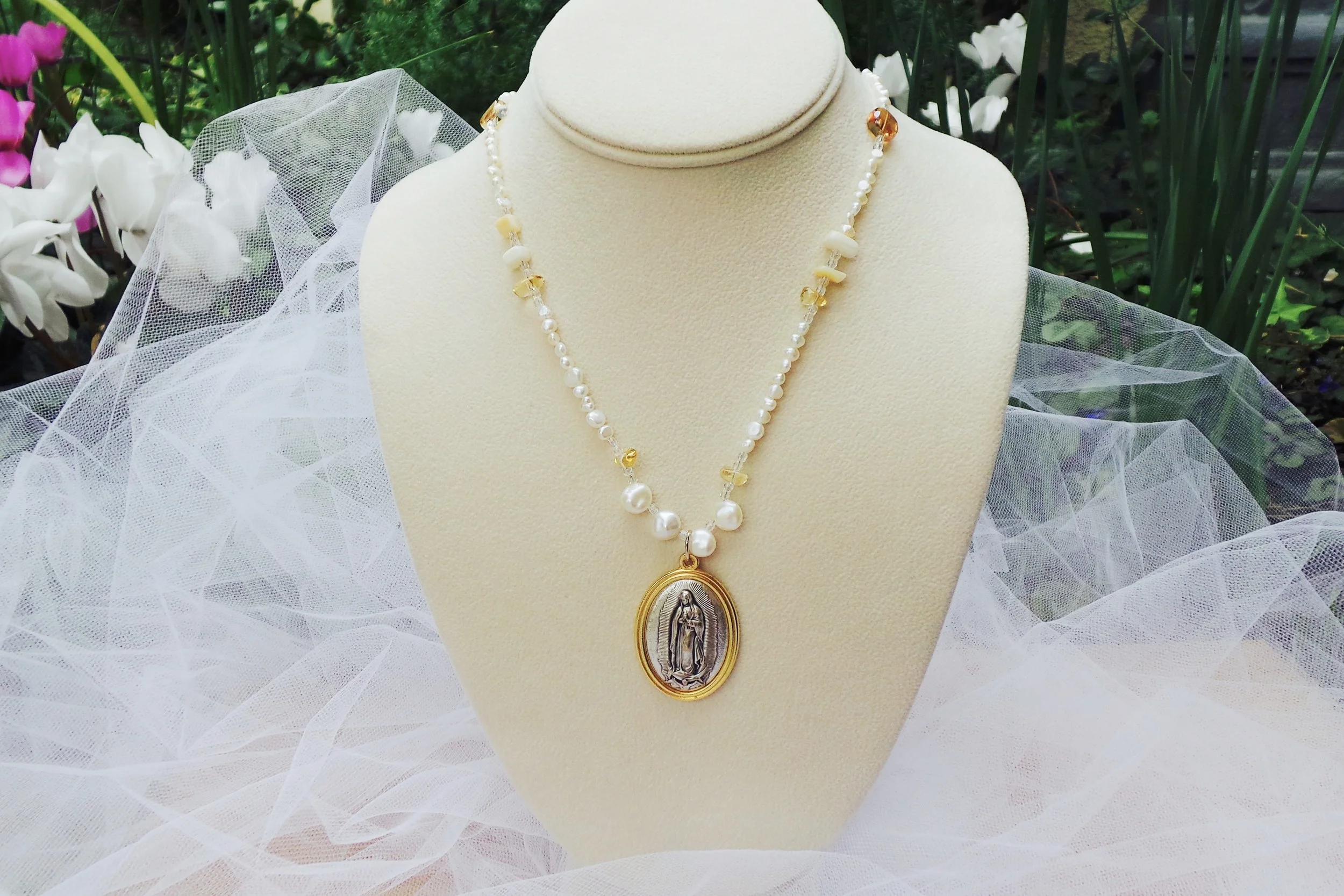 Genuine White Fresh Water Pearl and Citrine Our Lady of Guadalupe Long Necklace