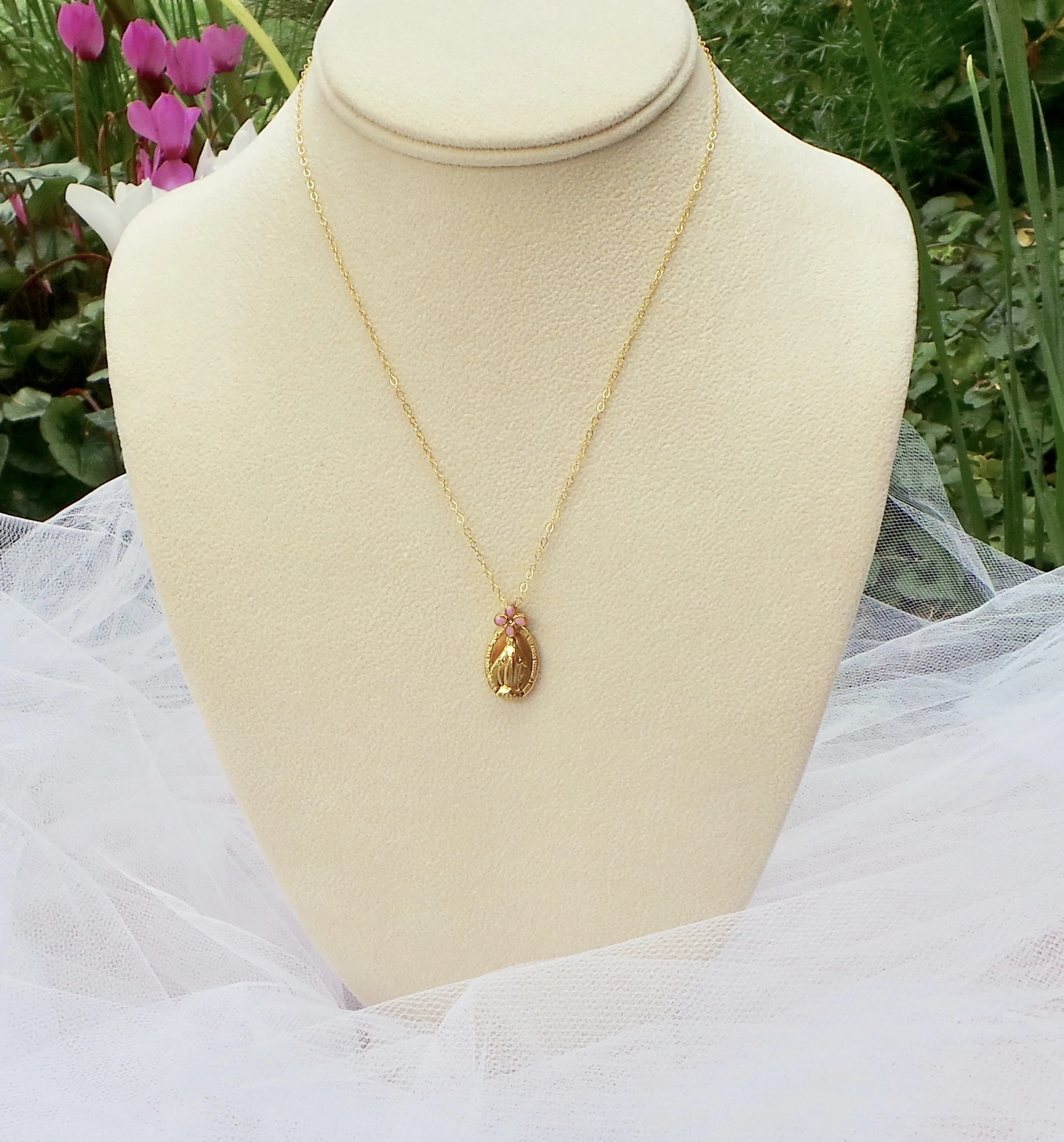 Gold Necklace Pink Flower Miraculous Medal