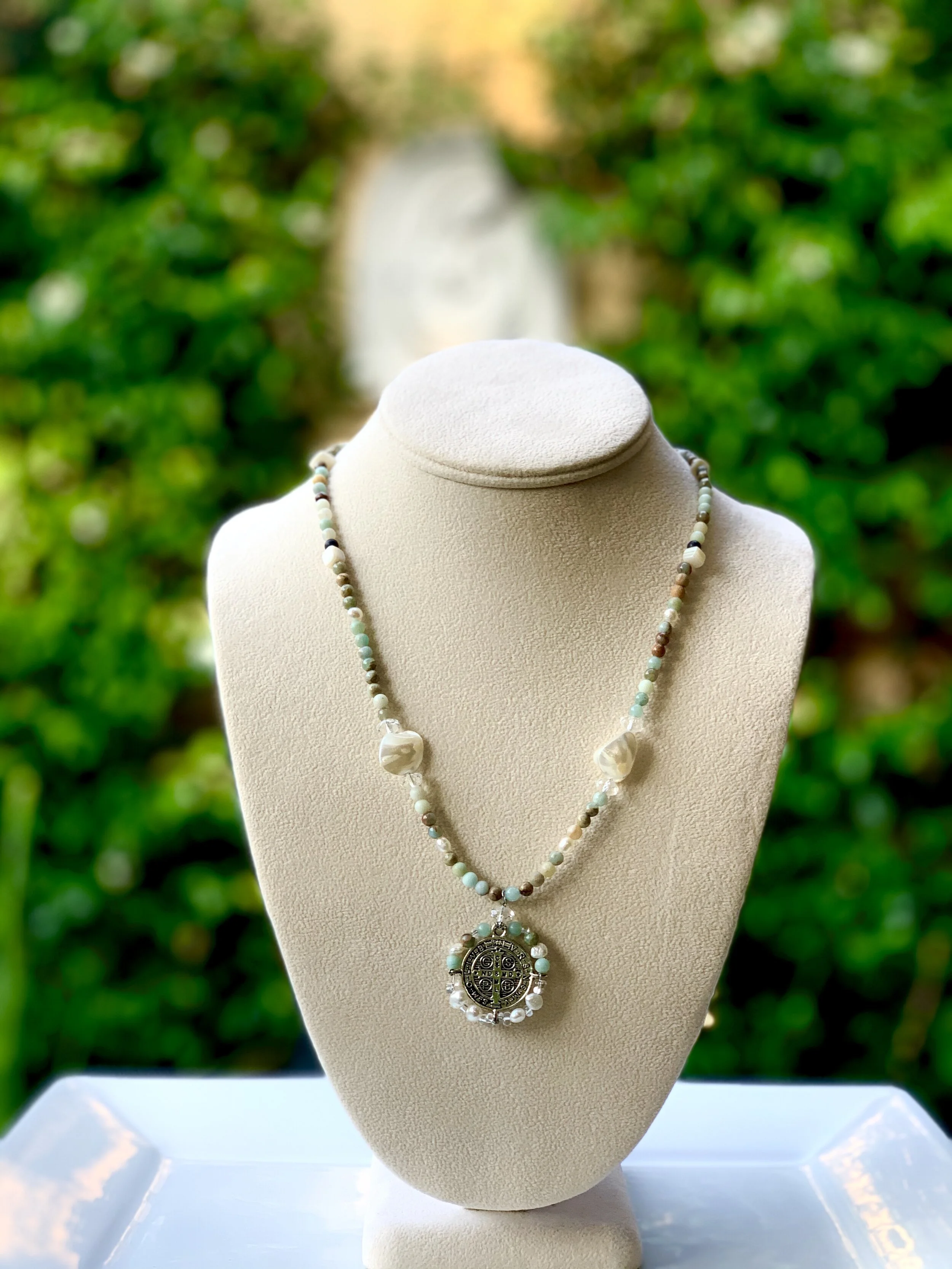 Pearls &amp; Stones St Benedict Cross Amazonite &amp; Opal Necklace
