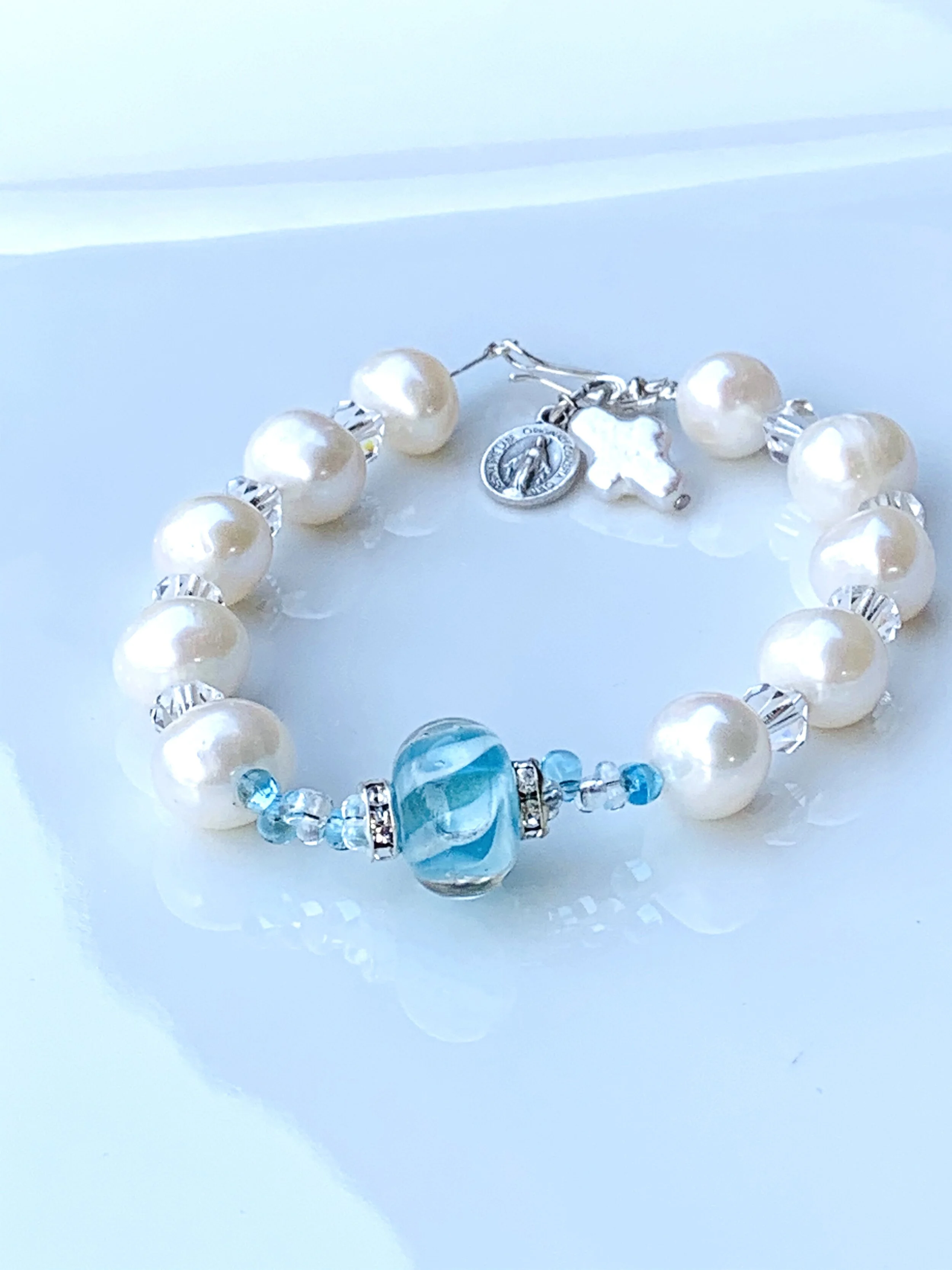 White on Crystal Blue Swirl Sterling Silver Rosary Bracelet