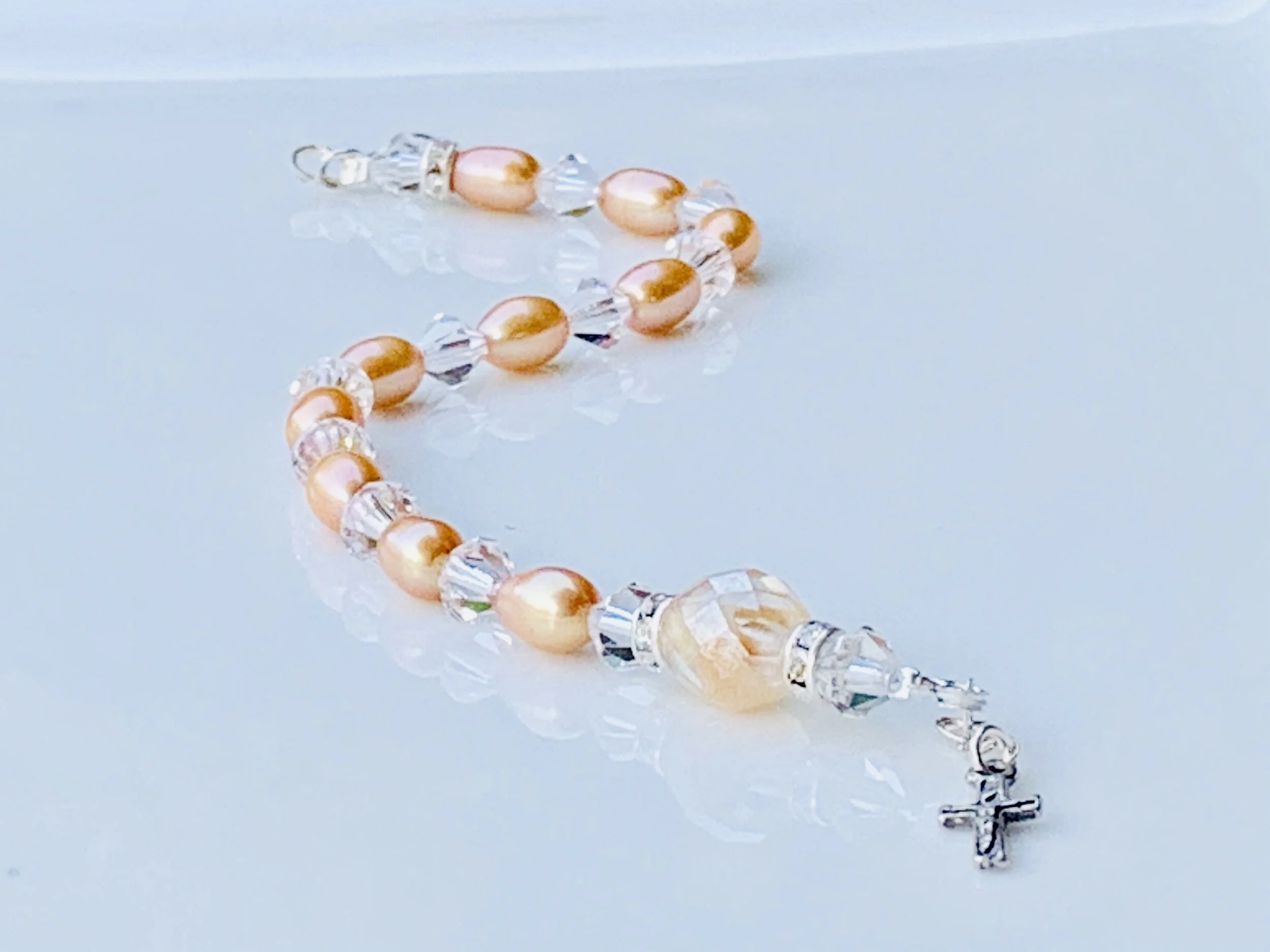 Champagne on Crystal Genuine Fresh Water Pearls & .925SS Rosary Bracelet