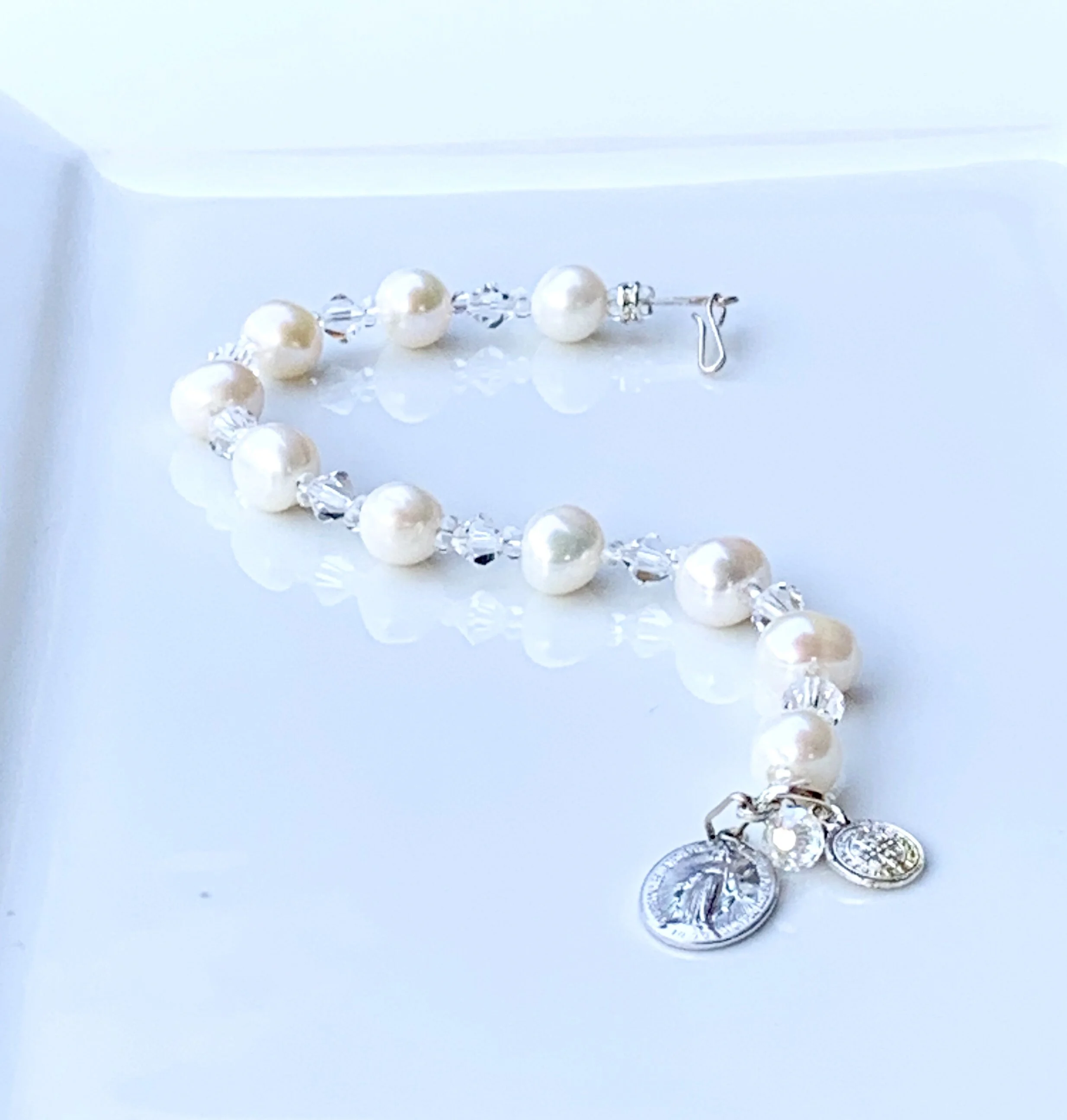 White on Crystal St. Benedict .925SS Rosary Bracelet 