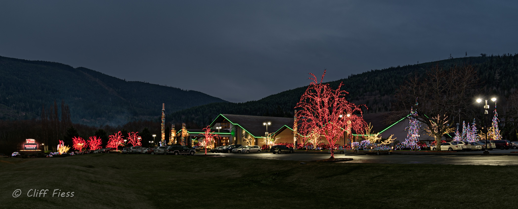 Christmas lights at the 7 Cedars Resort in Sequim WA