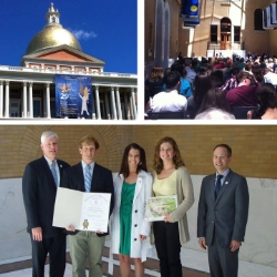 The Belmonte's receiving the Excellence in Environmental Education Award from the Secretary of Energy and Environmental Affairs at the MA State House in 2014. 