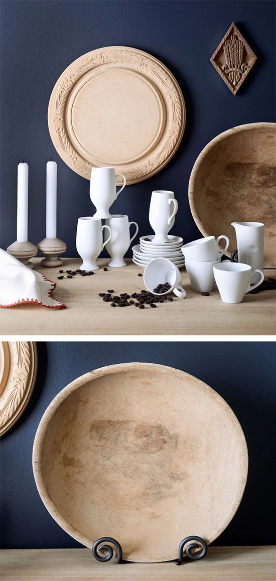 White espresso cups and raw wood at Finder Not Keeper . Photo by Renn Kuhnen.
