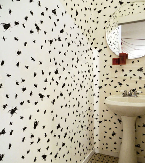 I'm all for whimsical motifs in decorating. But black houseflies in a lavatory? It brings to mind the scent that attracts the flies. I could see this paper in a pantry maybe. Or on the porch? If you love it, more info here .