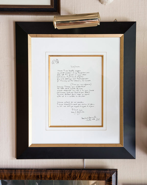 John Lennon's lyrics to 'Woman', given to Peg, who loves the Beatles, and would run away with Paul McCartney if the opportunity arose.
