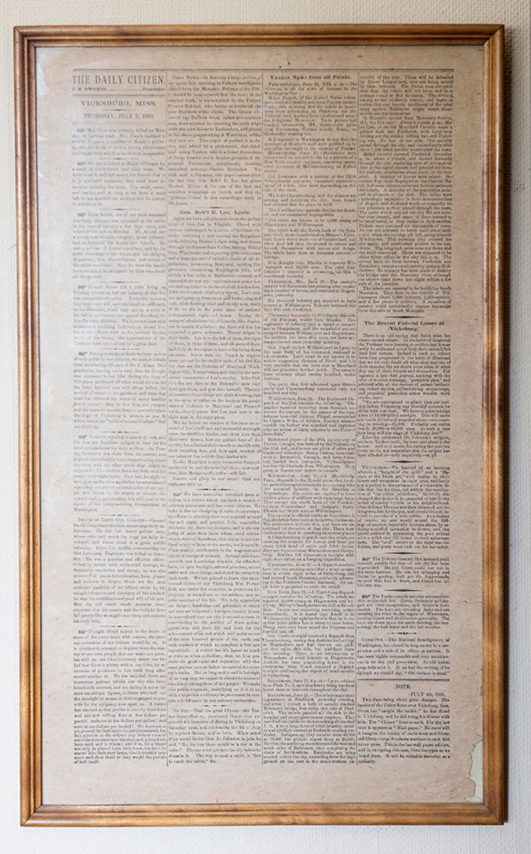 The last issue of The Daily Citizen , a Southern newspaper printed on wallpaper during the final days of the Civil War. Peg discovered this not long ago hanging behind a door in the basement.