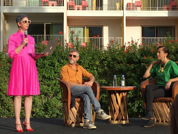 Todd Oldham (center), designer, art historian, publisher, archivist, said, "Even the things that went really shitty, I'm glad I did them. If you want to do lots of stuff, then do lots of stuff. If you keep baffling people, they get used to being baffled." Someone in the audience complimented him on his collection for Old Navy and asked if he was doing another. "I hope not," he said. "Clothing is incredibly wasteful and hard on the environment." About kids and iPhones, he said, "Digital experience is like a drug. You have to find the time to make analog intoxicating to children. Buy art supplies."