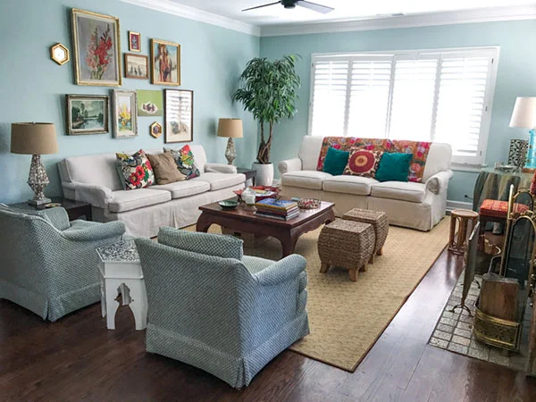 Legend has it, and the tourism websites repeat it, that Denver gets over three hundred days of sunshine a year. The paint color Margaret chose reflects the light beautifully and she and I spent two wonderful mornings curled up on the upholstery talking about EVERYTHING!