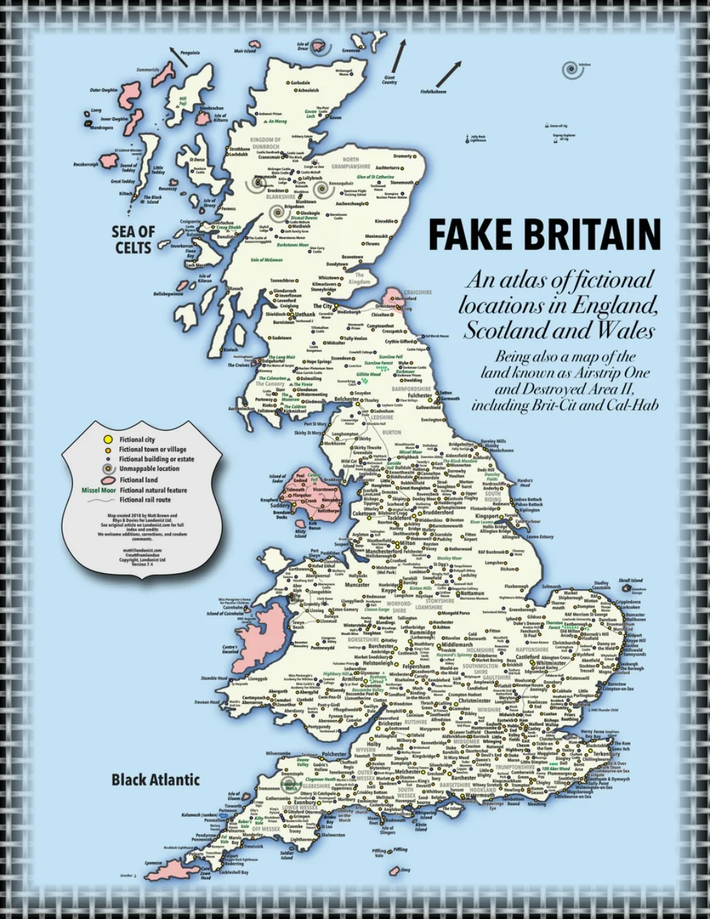 A map of Fake England . So interesting to see that Longbourne lies very close to Gosford Park. Also, I’d like to visit Bernt Arse.