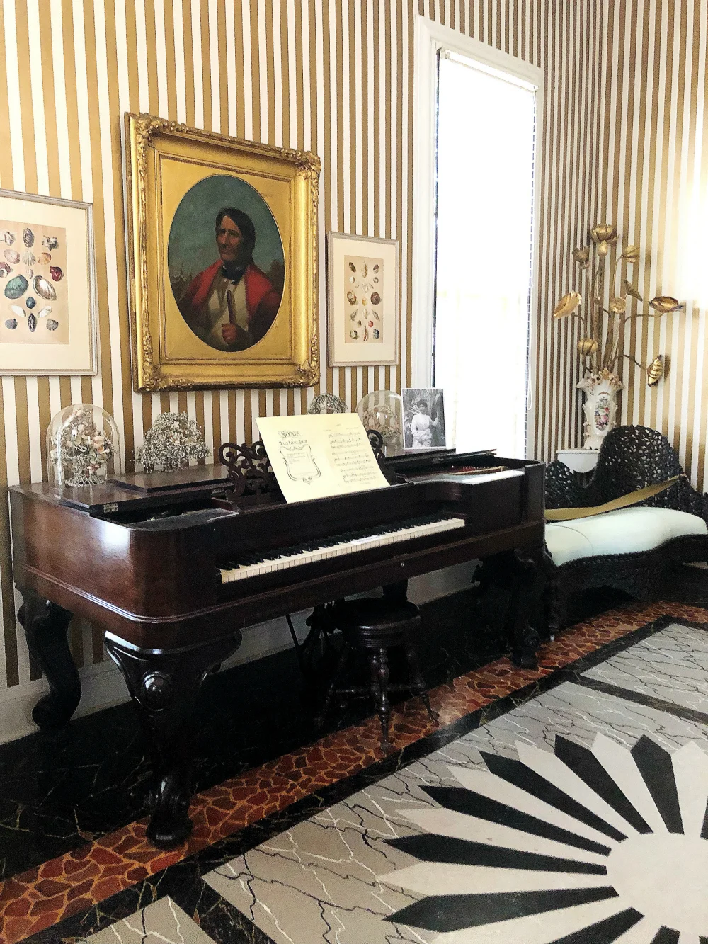 Helen, the second wife of Frederic Bartlett, was an accomplished pianist, and this was her music room. My son, also a musician, immediately noticed that the piano, a Steinway, seemed short on keys. Turns out this was one of Steinway’s earlier pianos, designed with 85 keys, and when he changed to 88 keys, he asked customers to turn in their old pianos, which he had burned, en masse, in Atlantic City, New Jersey. The Bartletts did not turn in their 85-key piano.