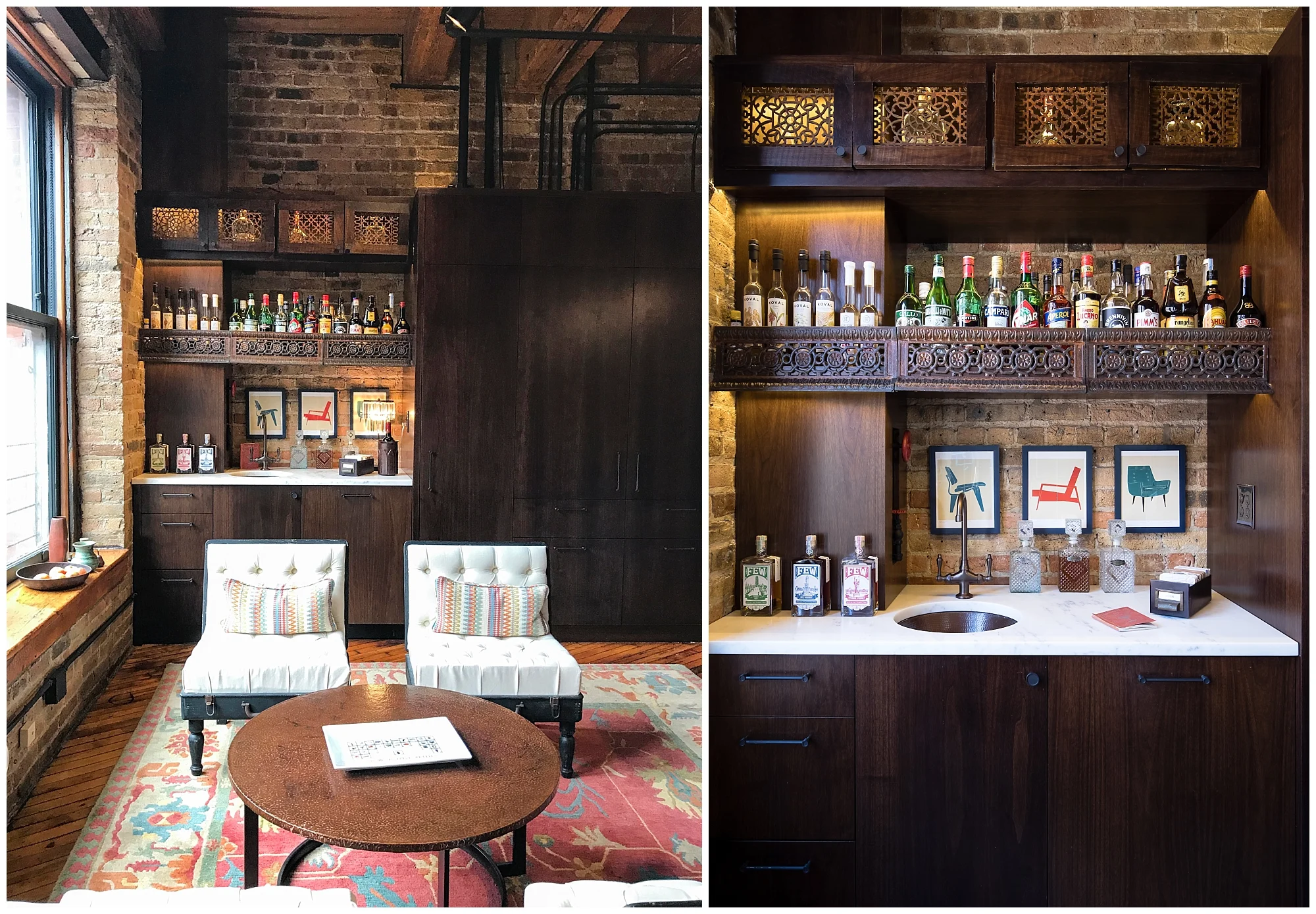 Harlene designed the cocktail lounge around mechanical elements from the original loft. She sourced the three Victorian fireplace grates that hold the liquor bottles and the four door panels above them from seven different vendors and then purchased a rusting kit to make the tones uniform. Note the card catalog box with drink recipes, a sly reference to their location above a bookstore.