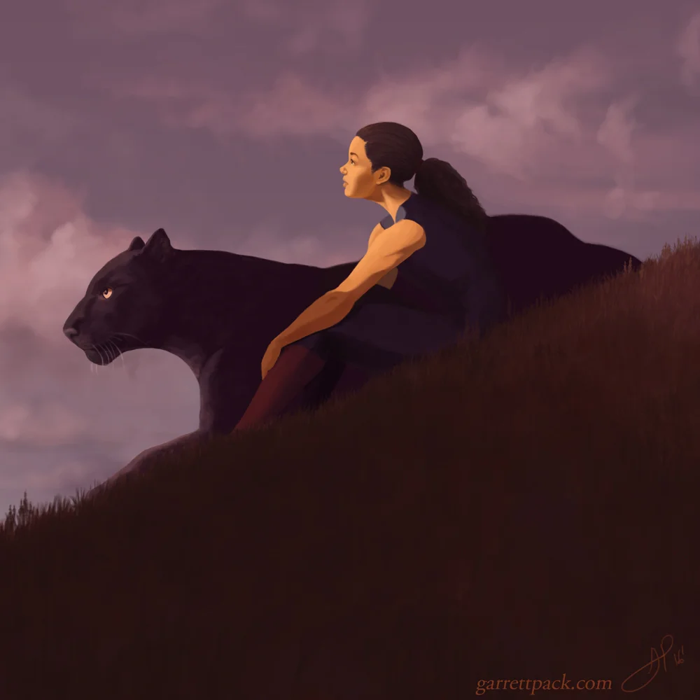 Repose A girl and her large black panther take a moment to rest. Personal work. Digital. Print available here .
