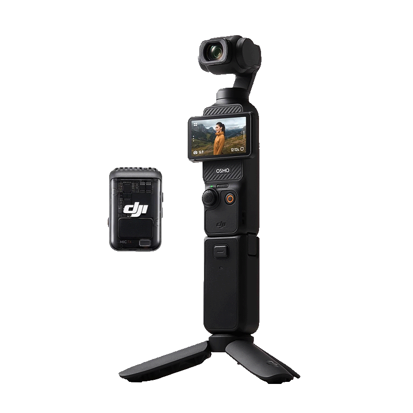 A DJI Osmo Pocket 3 gimbal camera with a small handheld stabilizer, a screen showing a woman outdoors, and an external DJI microphone module against a black background.
