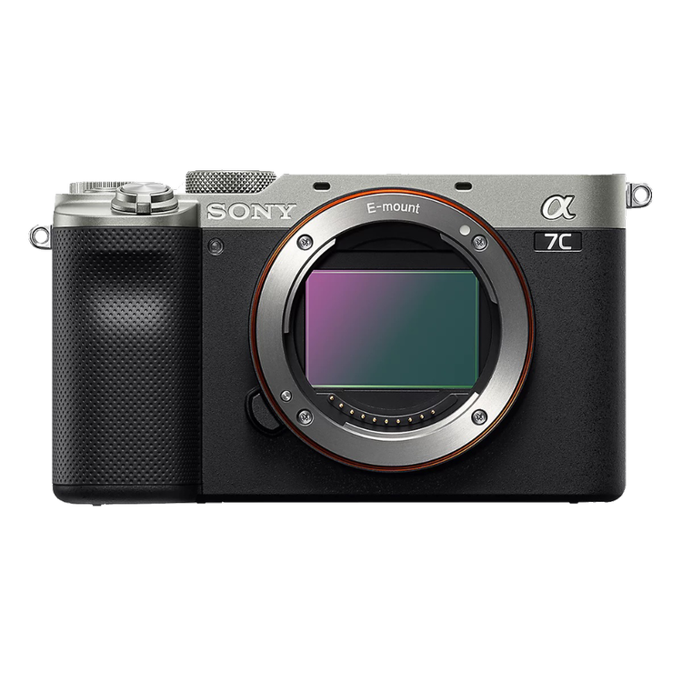 A Sony Alpha 7C mirrorless camera with a black body and silver accents, showing the lens mount without a lens attached.