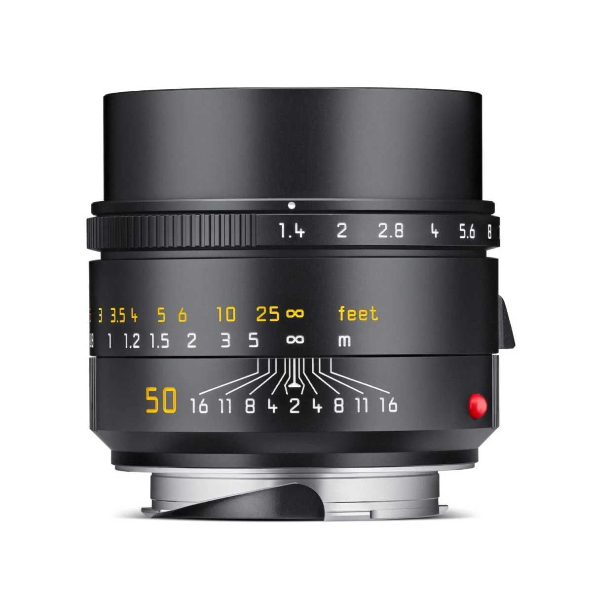 Close-up of a camera lens with aperture and focus distance markings in yellow and white, including f-stop numbers and distance scale.