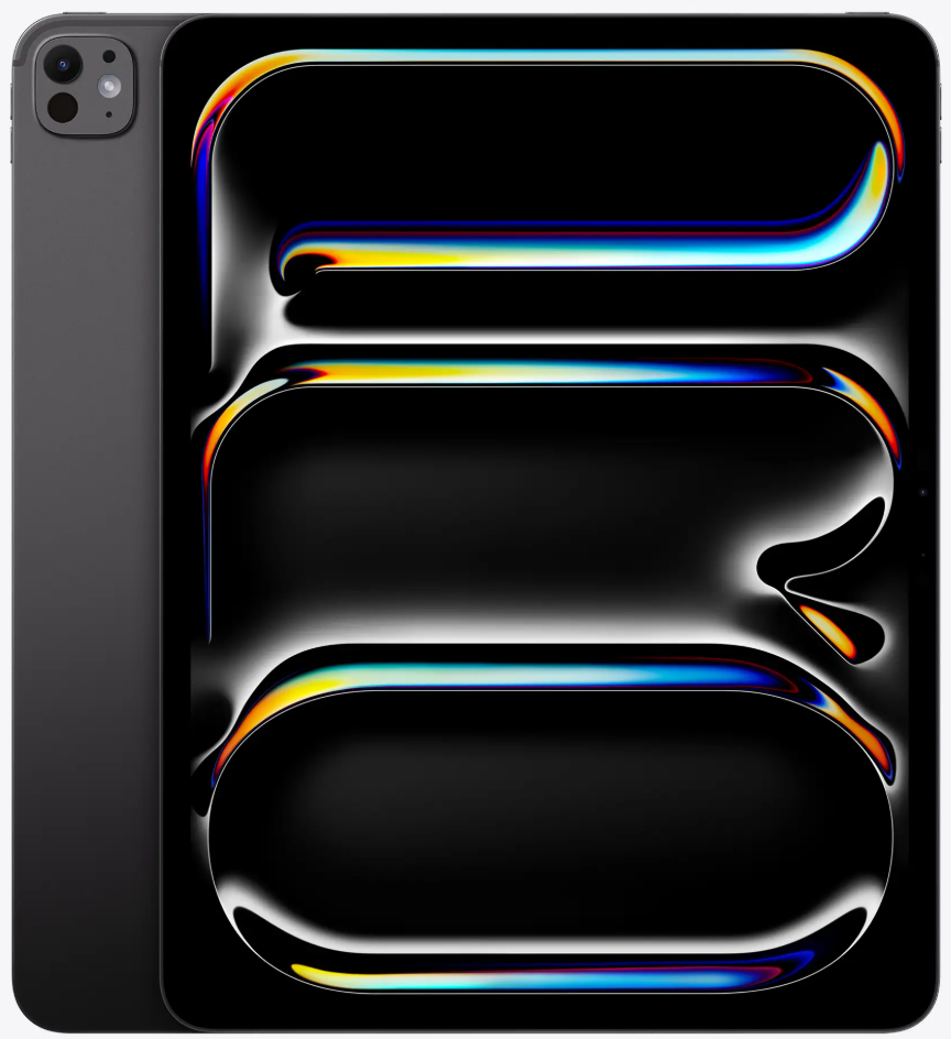 Close-up of a modern smartphone with a black screen and a colorful, abstract pattern around the edges.