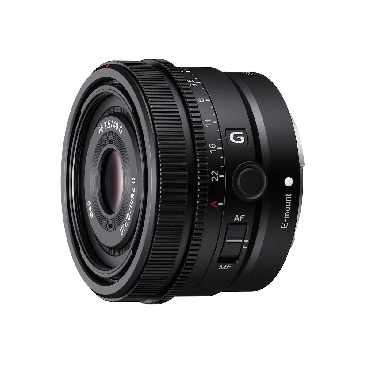 Sony FE 40mm f/2.5 G camera lens against a white background