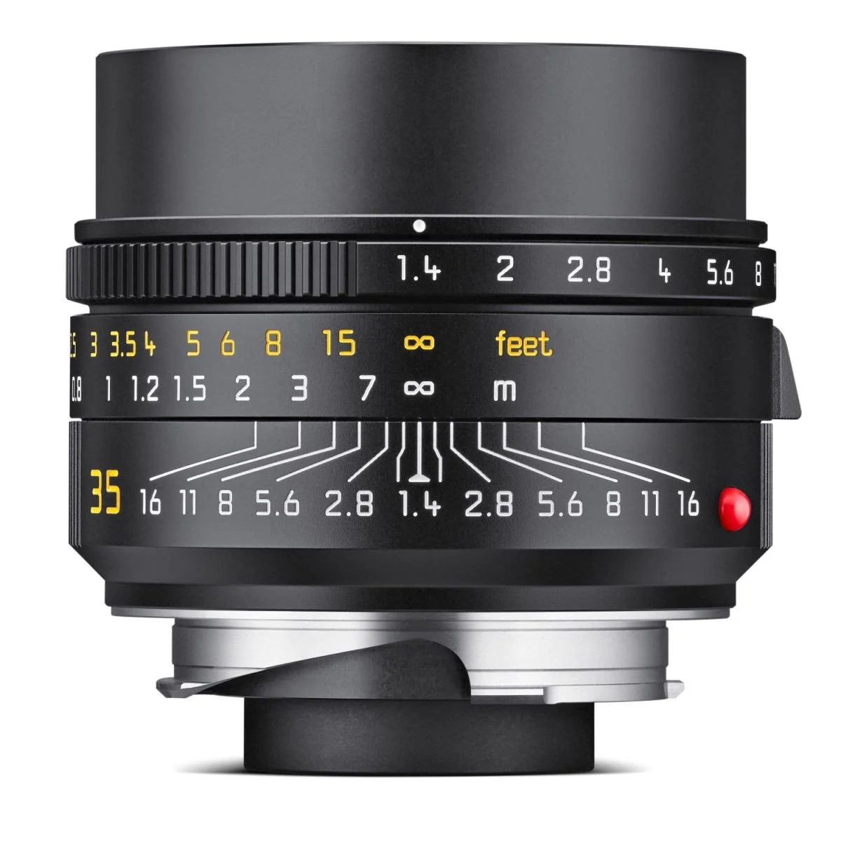 Close-up of a camera lens with focus and aperture markings, including distances in feet and meters, and aperture values from f/1.4 to f/16.