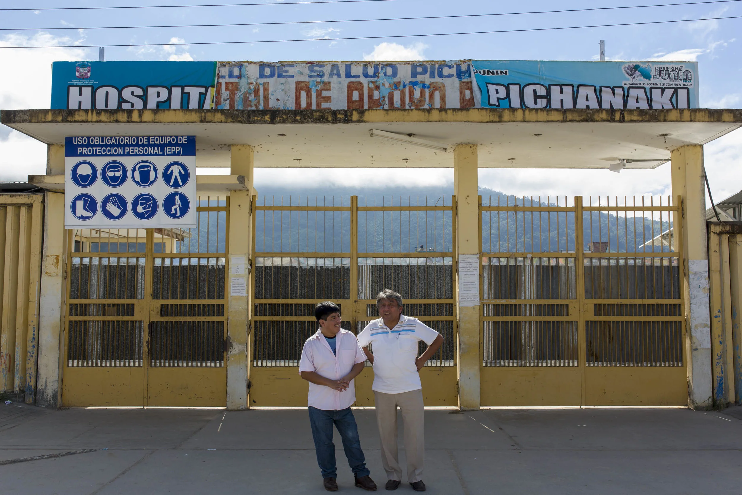 Dr. Roger Zapata is reunited with Luis Fermin Tenorio in Pichanaki’s main square. Roger first met Luis in 1991, when he travelled to Luis’ home town of Pichanaki to investigate Luis’ illness. Peru. 