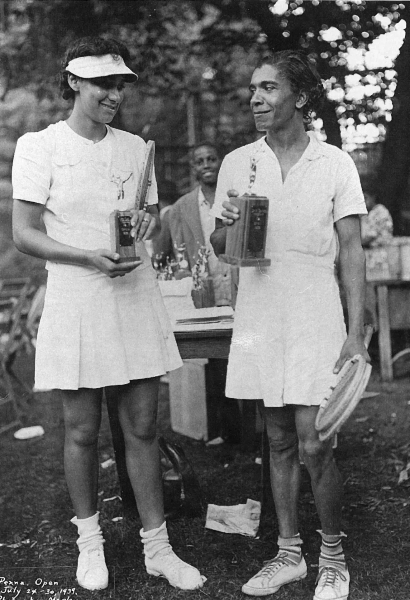 Ora Wachington (right) was an American athlete from Philadelphia known as the "Queen of Tennis." In professional tennis she won American tennis Association's national singles title eight times in nine years between 1929 and 1937. Unable to compete against the top white tennis player of the time, Helen Moody, because Moody refused to play her she retired from sports in 1940. For the remainder of her life she supported herself as a housekeeper. A state historical marker stands at the location of the YWCA that she taught and played at in Philadelphia.
