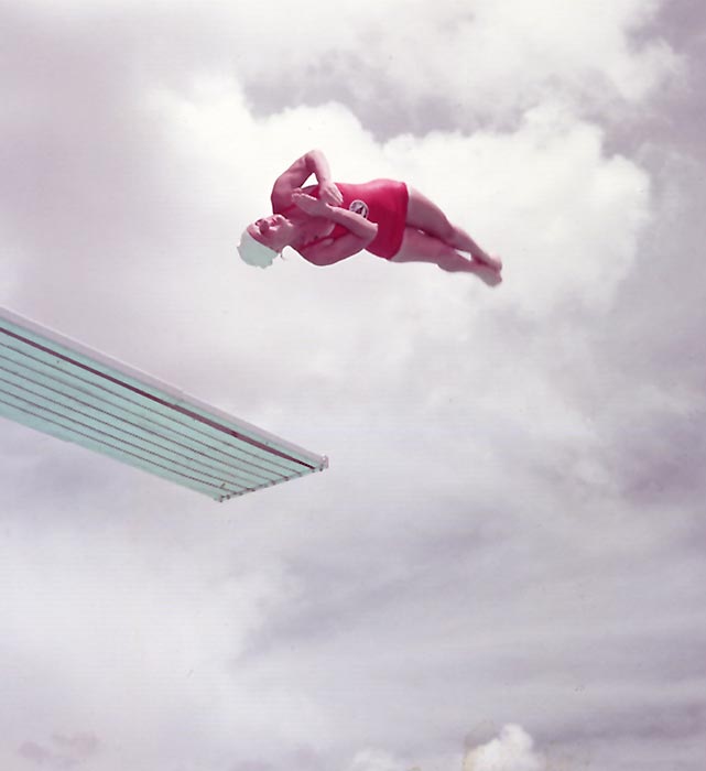 Growing up in Long Beach California, Pat McCormick established a reputation as a daring athlete, performing dives that few men attempted and that were outlawed for women in international competition until 1952. In 1949 McCormick won her first national championship with a victory in the outdoor platform competition. She dominated the indoor national championships in the springboard and platform events in 1951–55 and won outdoor championships in 1949–51 and 1953–56. At the 1952 Olympic Games in Helsinki, Finland, she won gold medals in the platform competition and the springboard. Just five months after giving birth to her son, she qualified for the 1956 Games in Melbourne, Australia, where she defended her titles, again winning gold medals in the springboard and platform. McCormick was the first two-time Olympic winner of both diving events and subsequently was inducted into the International Swimming Hall of Fame.