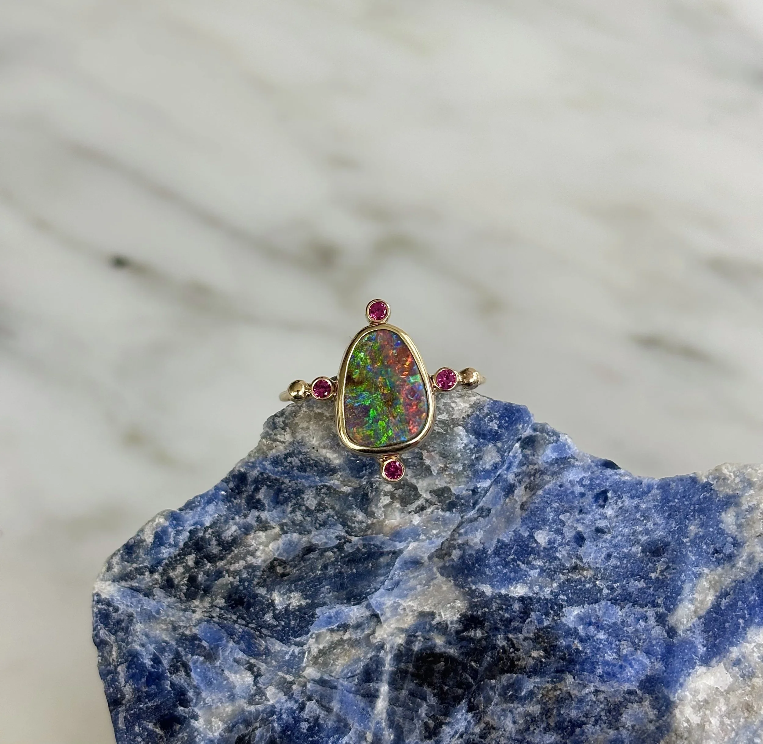 Boulder opal and Ruby Ring