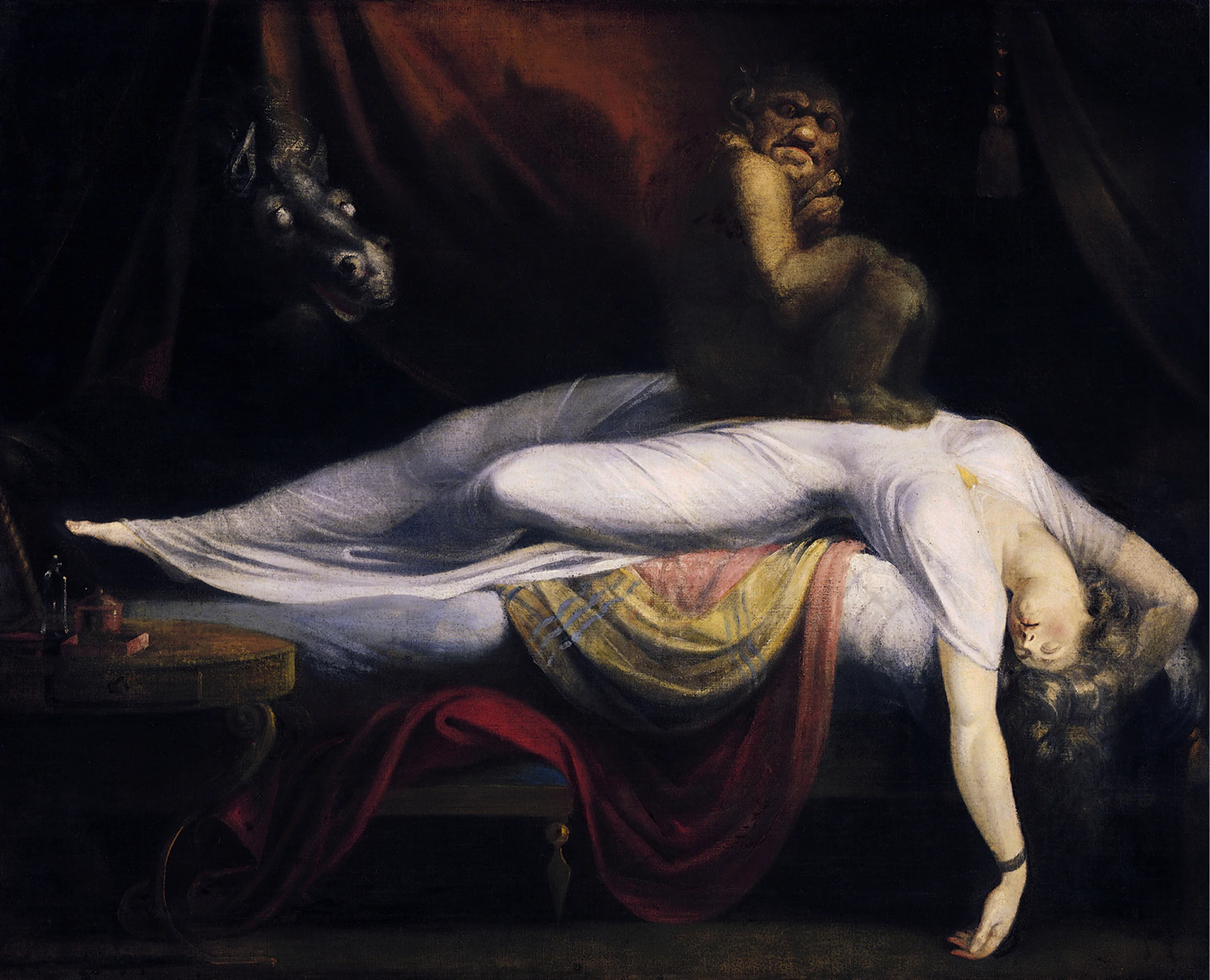 The Nightmare by Henry Fuseli depicts a woman experiencing sleep paralysis with a nightmarish hallucination. 