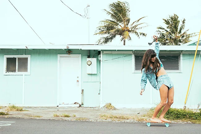 Posted Sponsored by Penny Skateboards . Jacket: Vintage Wrangler from No.808 , Shorts: One Teaspoon , Bikini Top: Mikoh , Skateboard: Penny Phoenix 22" 