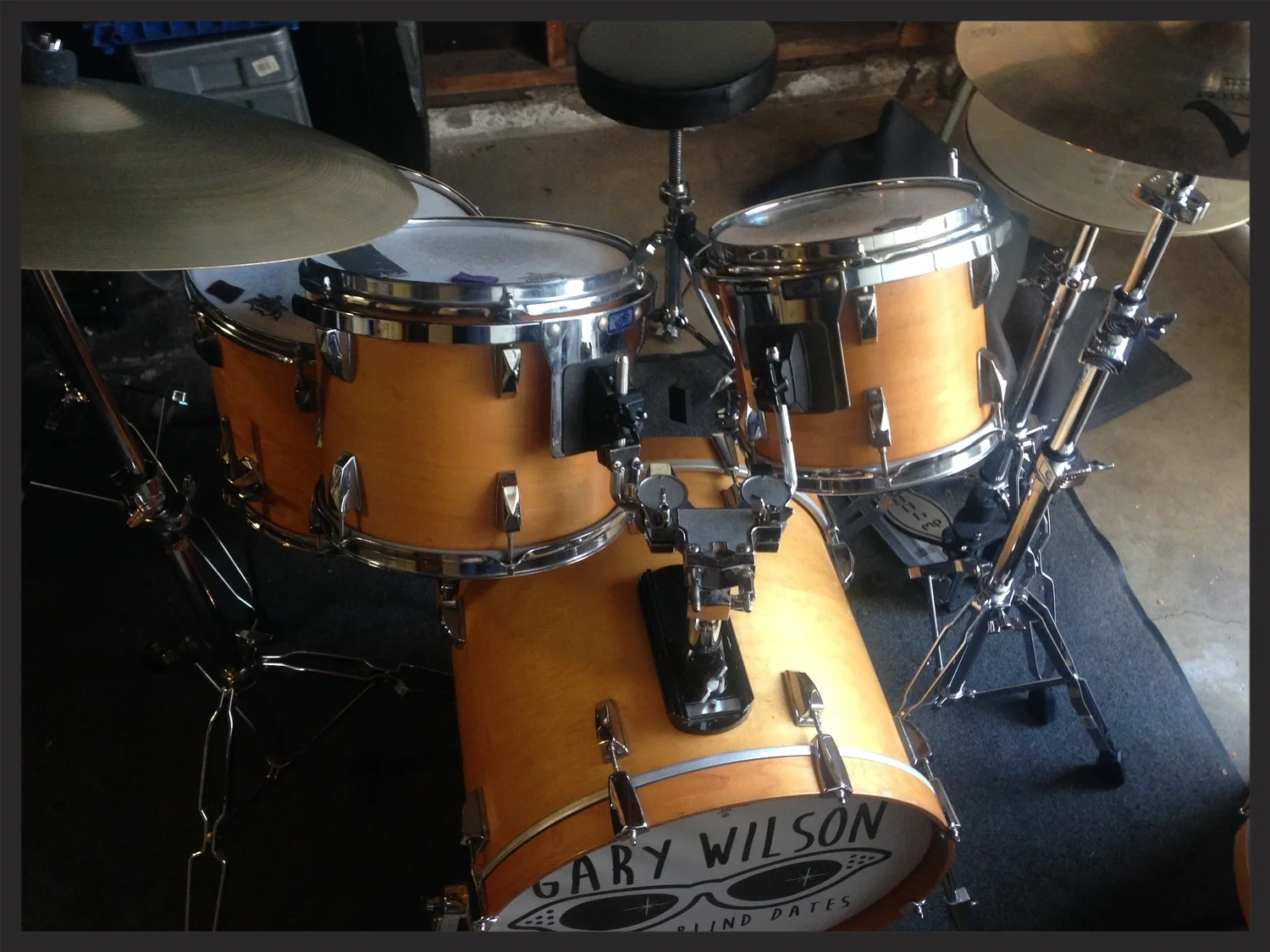 My full drum kit, seen here with a Gary Wilson drum logo designed by Tim Lowman . It's always a treat to bring this drum kit on the gigs dearest to my heart, like Gary's.