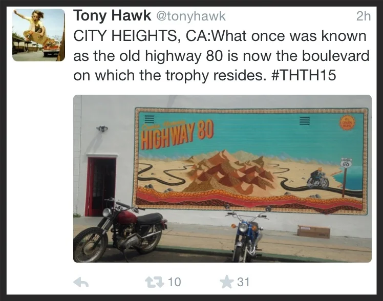 The clue for the location of the Tony Hawk Twitter Hunt, where a lucky winner found one of the much sought-after boxes outside Trophy Motorcycles in City Heights