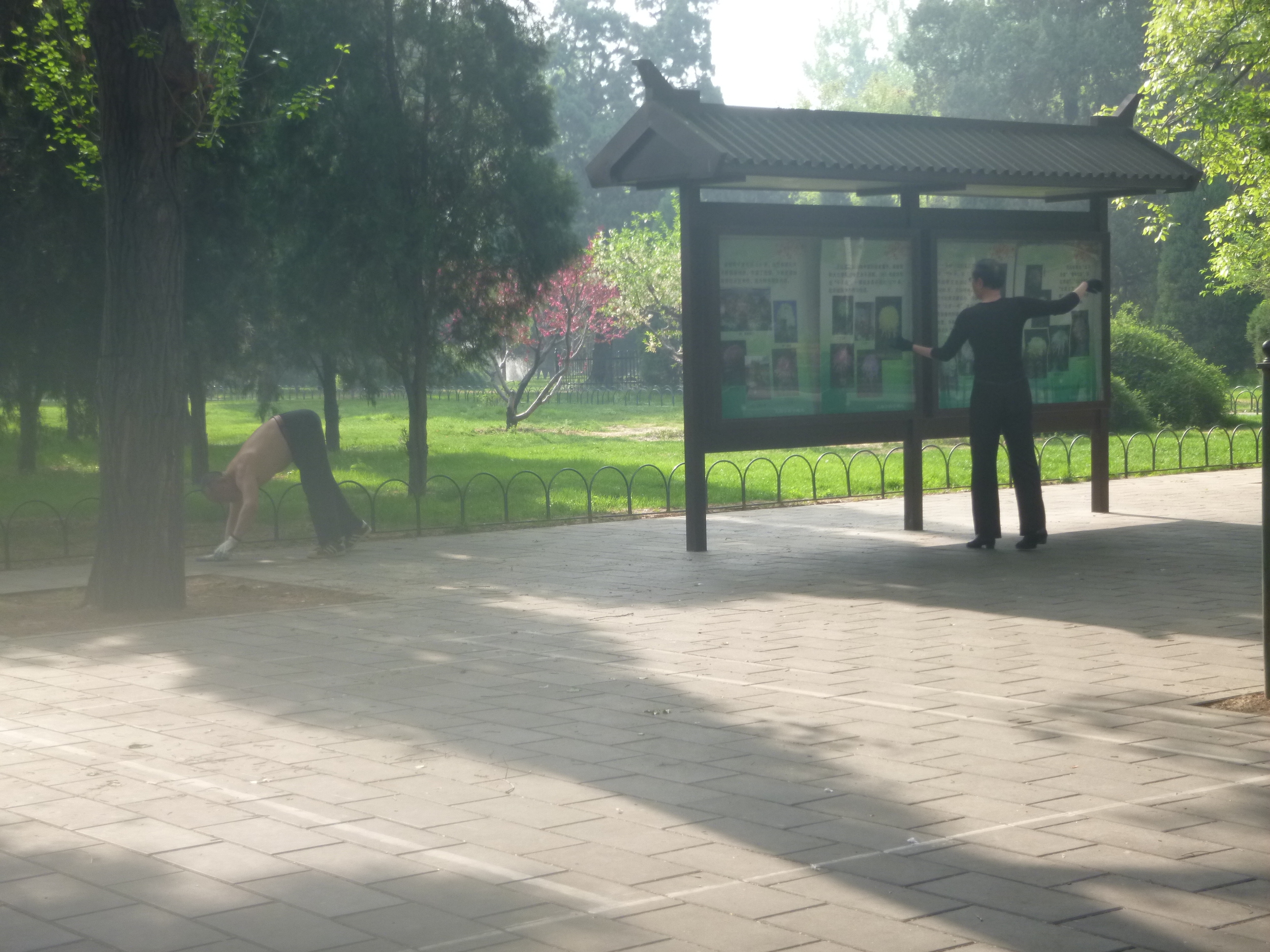 The man on the left crawls along in Downward Dog while the man on the right performs the same twirl-and-point dance move over and over. 