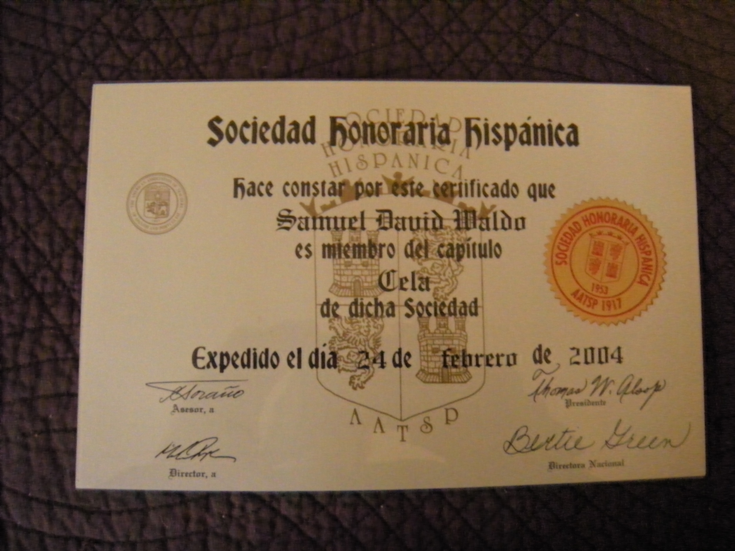 Sam's Spanish Honor Society certificate. It really did happen! 