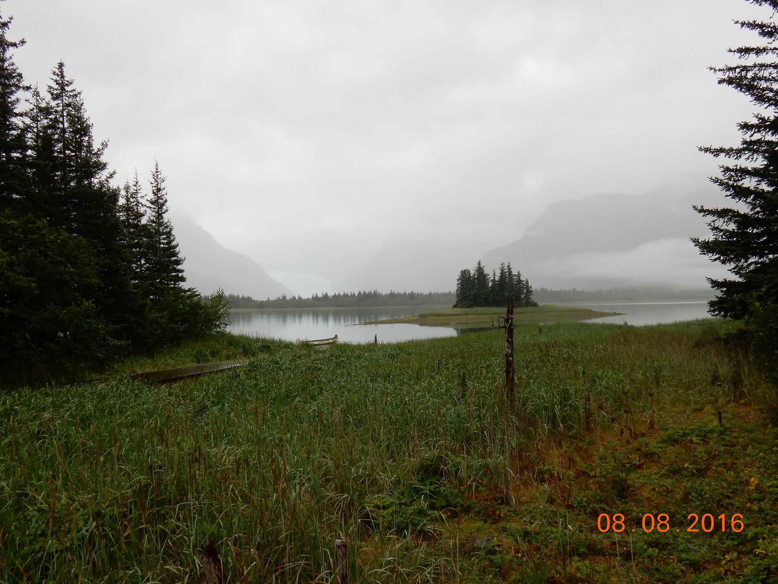 The view from the lodge. Because of the fog, the glacier is barely visible.